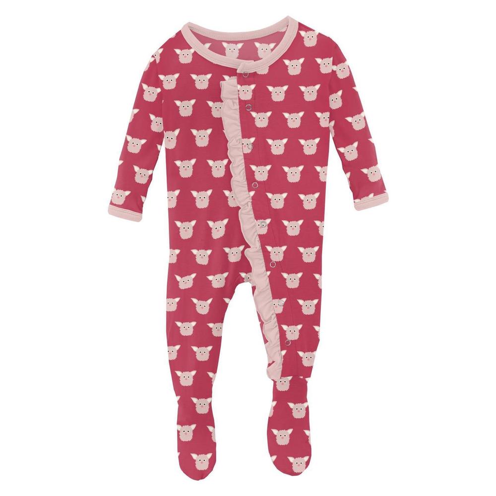 NEW KICKEE kids' ruffle footie with snaps in cherry pie furry friends